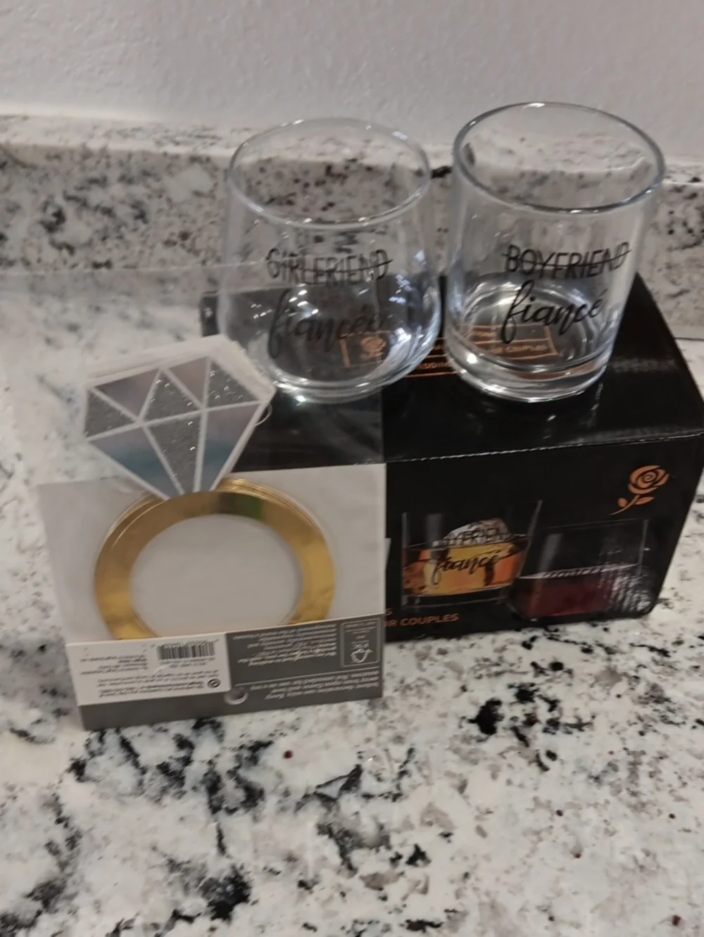 Celebration Engagement Stemless Wine Glass Set for Couples with banner